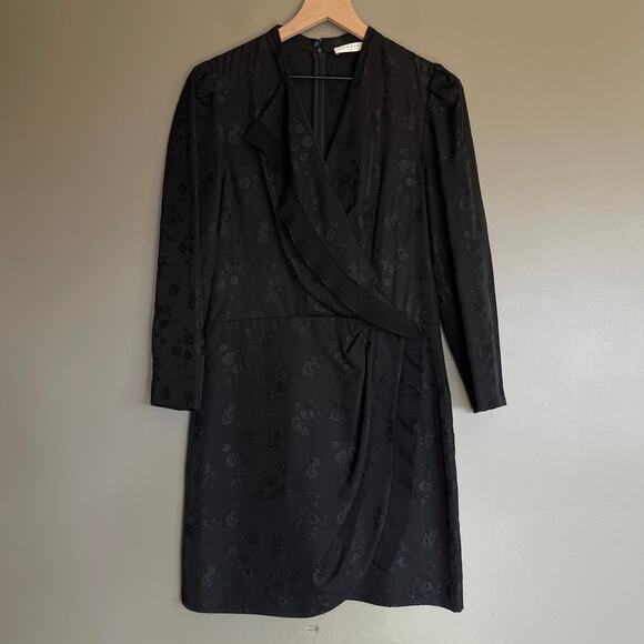 Sandro Wells Dress Black Jacquard Size 8 Long Sleeve Wrap Pleated Chic French - Picture 5 of 16